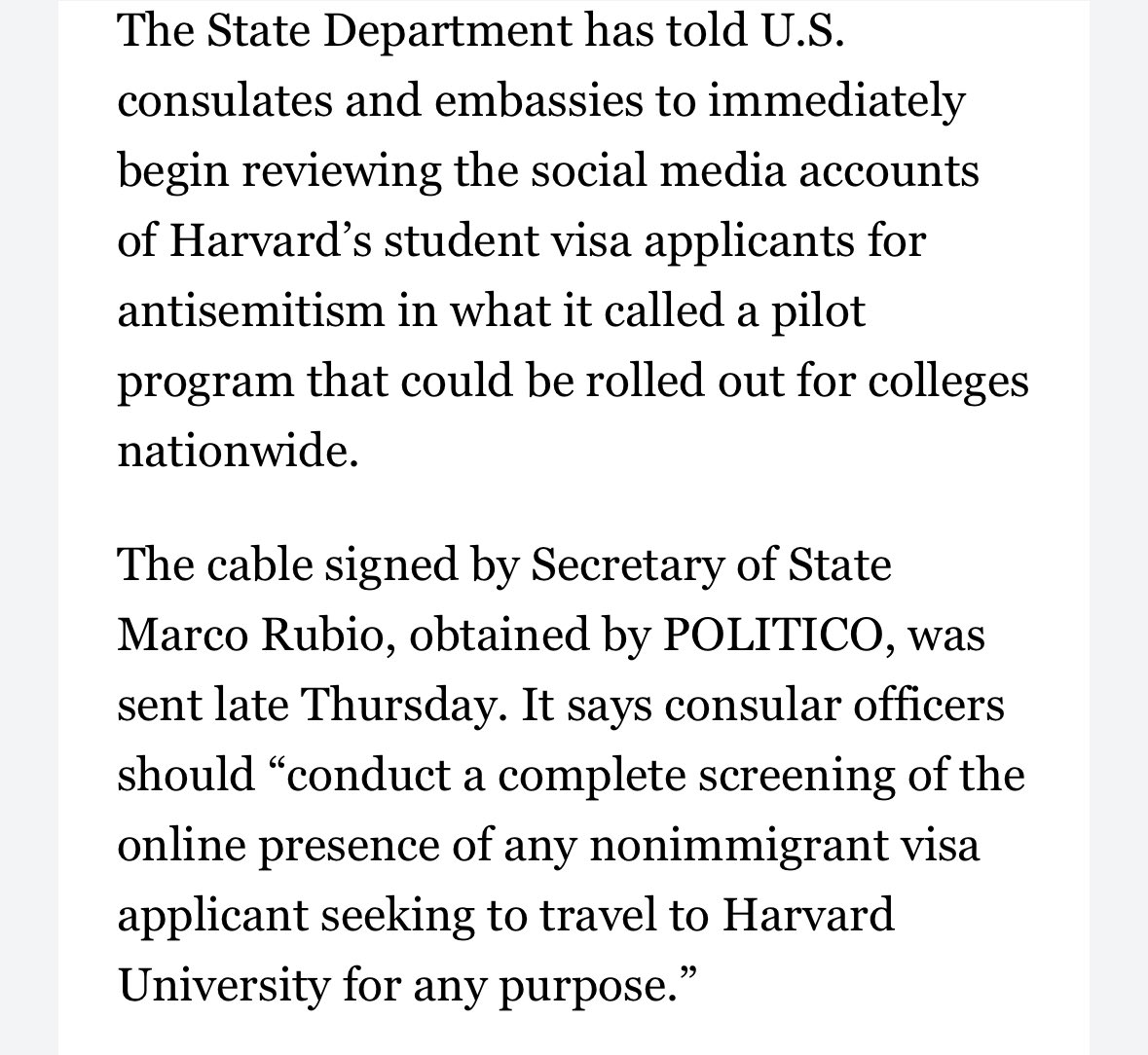 In the alleged Land of the Free, government officials will now painstakingly review social media posts for any noncitizen seeking to travel to the campus of the ruling party’s opponent, and the ban those who speech it determines conflict with the official party line on Israel.