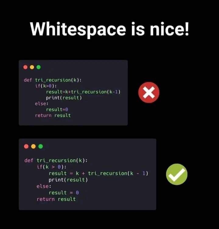 SabowaRyan's tweet image. Whitespace matters! 🖥️ Fix your code formatting for cleaner, more readable Python. ✅ #CodingTips #Python