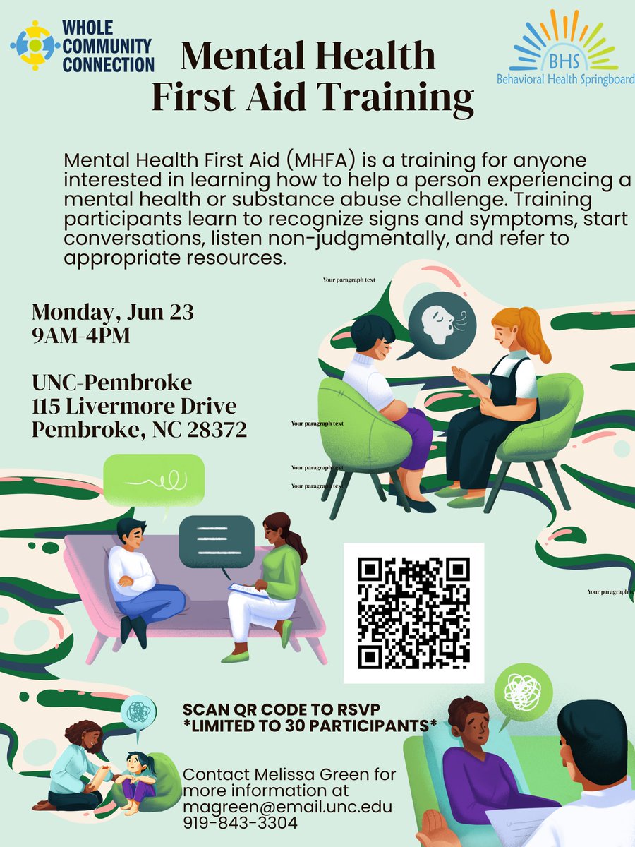 👋🏽 Join us in Pembroke on 6/23 for a free Mental Health First Aid (MHFA) training including meals &amp; eGiftcard for participation! ⏩ Register online: wcc.unc.edu/events