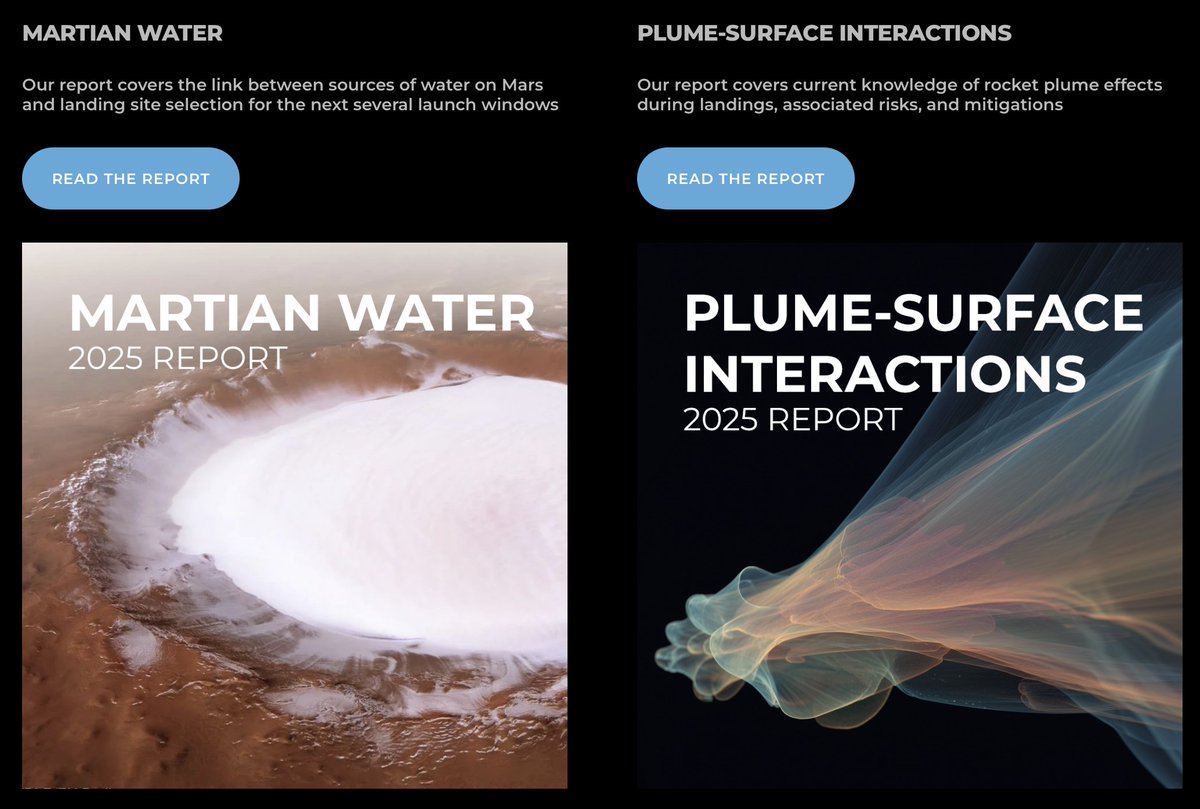 ethosspace's tweet image. We&apos;ve released two new reports in our public corpus: one on Mars water (w.r.t. landing sites), and one on plume-surface interactions. Grab the PDFs from our website.