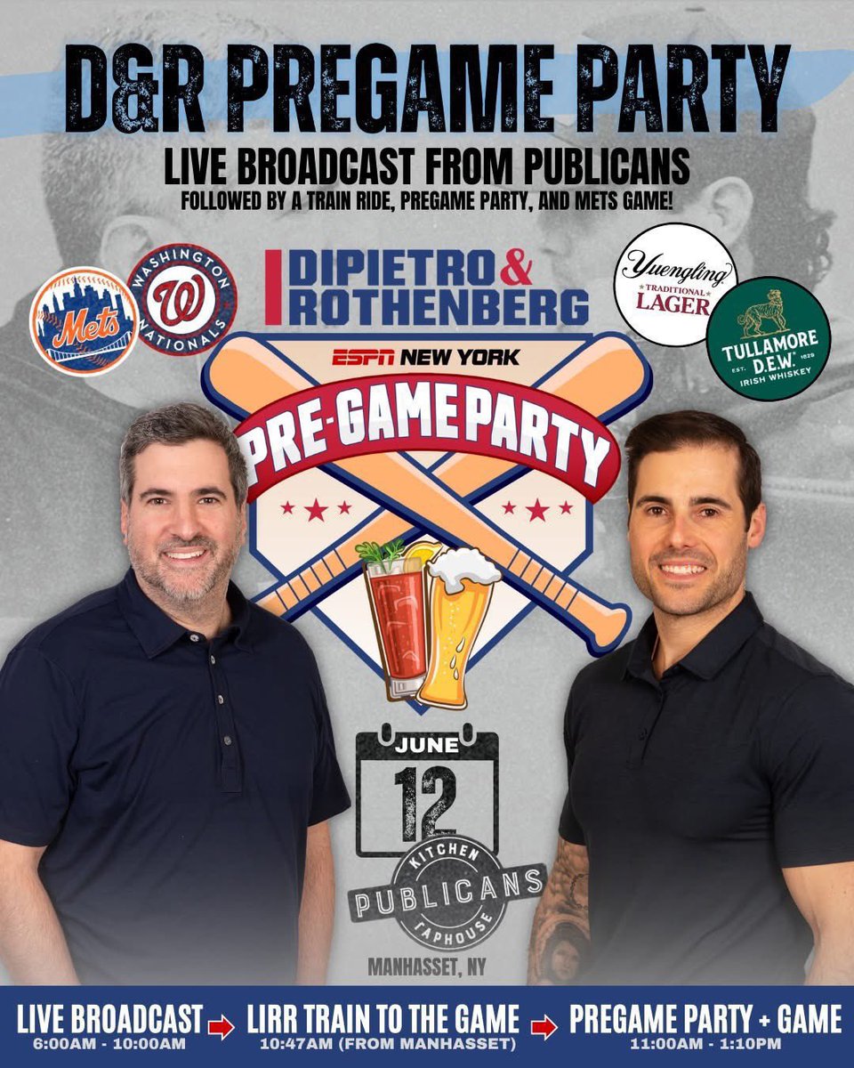 ESPN New York (@espnnewyork) on Twitter photo 🚨<a href="/DRonESPN/">DiPietro & Rothenberg</a> Pregame Party is coming up on Thursday, June 12th ‼️
Come out to see the LIVE broadcast, starting at 6AM from Publicans, steps away from the LIRR, where after the show, the crew will take the train to Citi Field!
BROUGHT TO YOU BY:
- <a href="/yuenglingbeer/">Yuengling Brewery</a>
- <a href="/TullamoreDEW/">Tullamore D.E.W.</a> 🚨<a href="/DRonESPN/">DiPietro & Rothenberg</a> Pregame Party is coming up on Thursday, June 12th ‼️
Come out to see the LIVE broadcast, starting at 6AM from Publicans, steps away from the LIRR, where after the show, the crew will take the train to Citi Field!
BROUGHT TO YOU BY:
- <a href="/yuenglingbeer/">Yuengling Brewery</a>
- <a href="/TullamoreDEW/">Tullamore D.E.W.</a>
