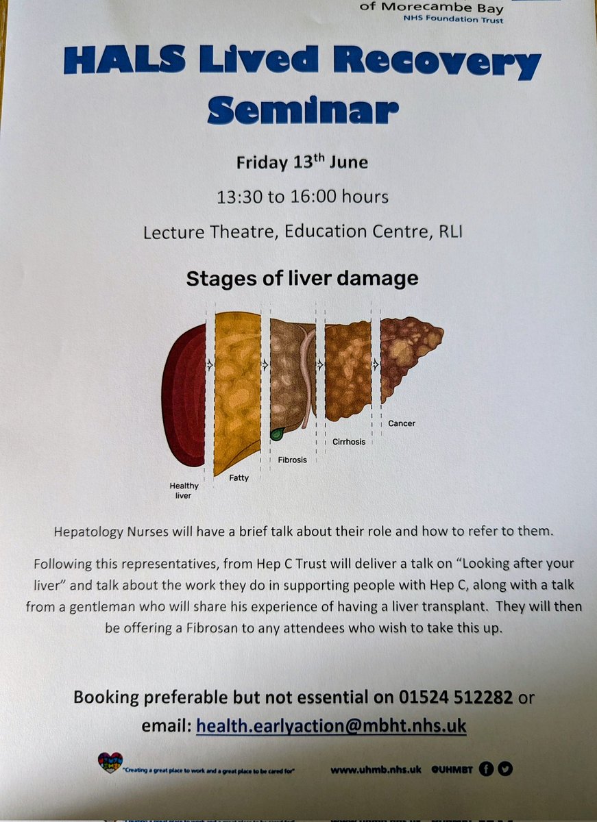 Our June Seminar is about Liverpool health, being delivered by Jayne a nd Demi (Hepatology Specialist Nurses) and representatives from The Liver Trust. Please note the change of time. Please share with your teams