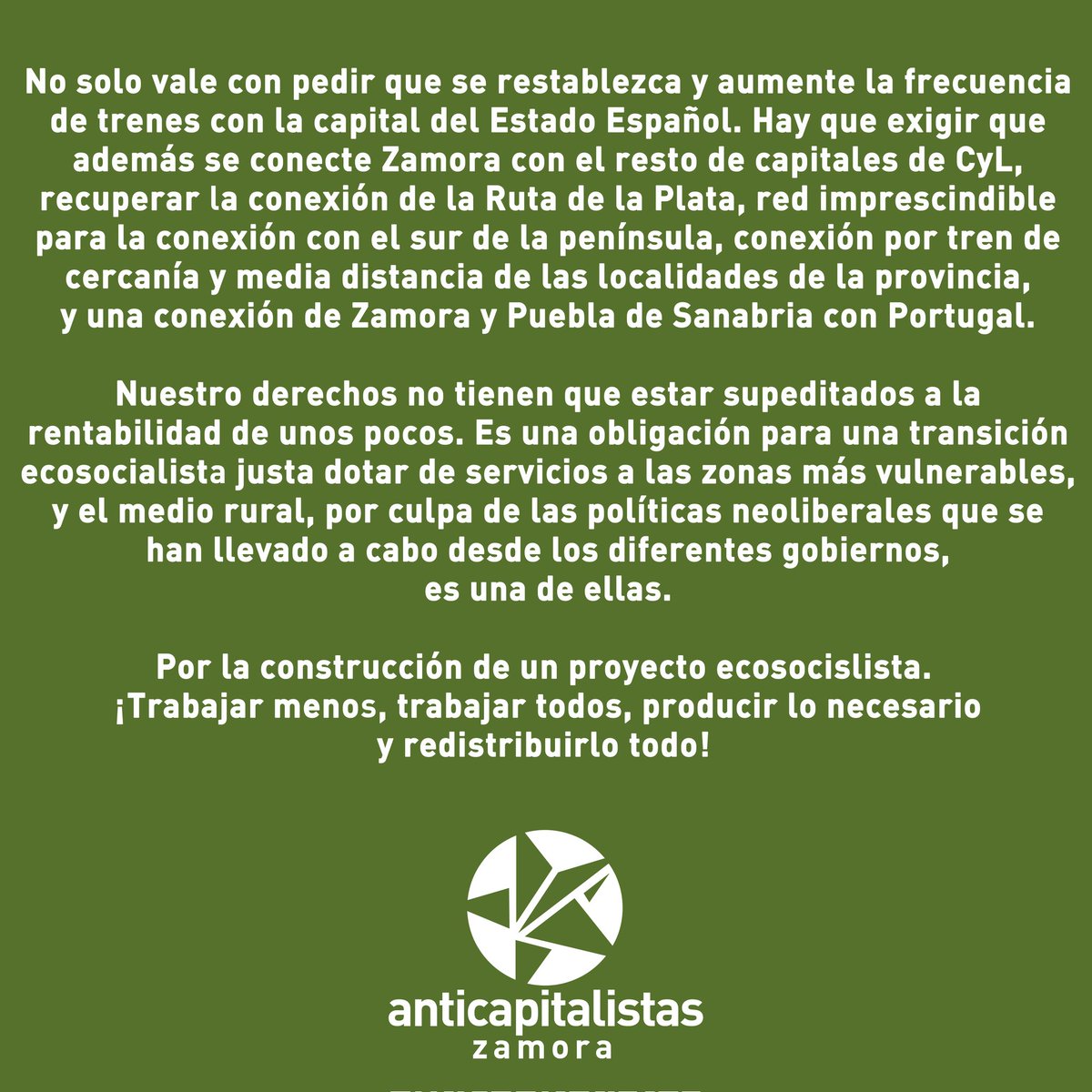 En las últimas semanas hemos tenido la noticia de la supresión de paradas de trenes en Sanabria. Esto es un nuevo ataque a los servicios públicos en #Zamora por parte de los diferentes gobiernos para beneficio de unos pocos.

Nuestro comunicado completo:

cyl.anticapitalistas.org/supresion-de-t…