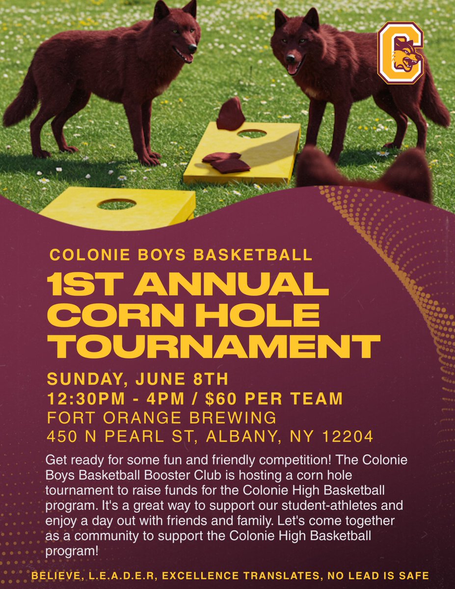 Family and Friends of Colonie Boys Basketball! Please join us on Sunday, June 8th, from 12:30 PM to 4:00 PM for our 1st Annual Cornhole Tournament Fundraiser! 

Registration: $60 per team (1 member must be 21 or older)

Not interested in competing, come enjoy anyway!! #BLIEVE
