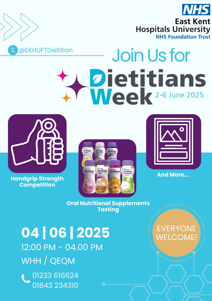 EKHUFT Dietitians (@ekhuftdietitian) on Twitter photo Dietitians Week is coming up!🤩
We will be have activities, supplement tasting and you will get to learn more about our team🌟
Come and find us in both WHH (The Hub) and QEQM (outside restaurant)😉
#DW2025 #EKHUFTDietitians <a href="/BDA_Dietitians/">British Dietetic Association</a> Dietitians Week is coming up!🤩
We will be have activities, supplement tasting and you will get to learn more about our team🌟
Come and find us in both WHH (The Hub) and QEQM (outside restaurant)😉
#DW2025 #EKHUFTDietitians <a href="/BDA_Dietitians/">British Dietetic Association</a>