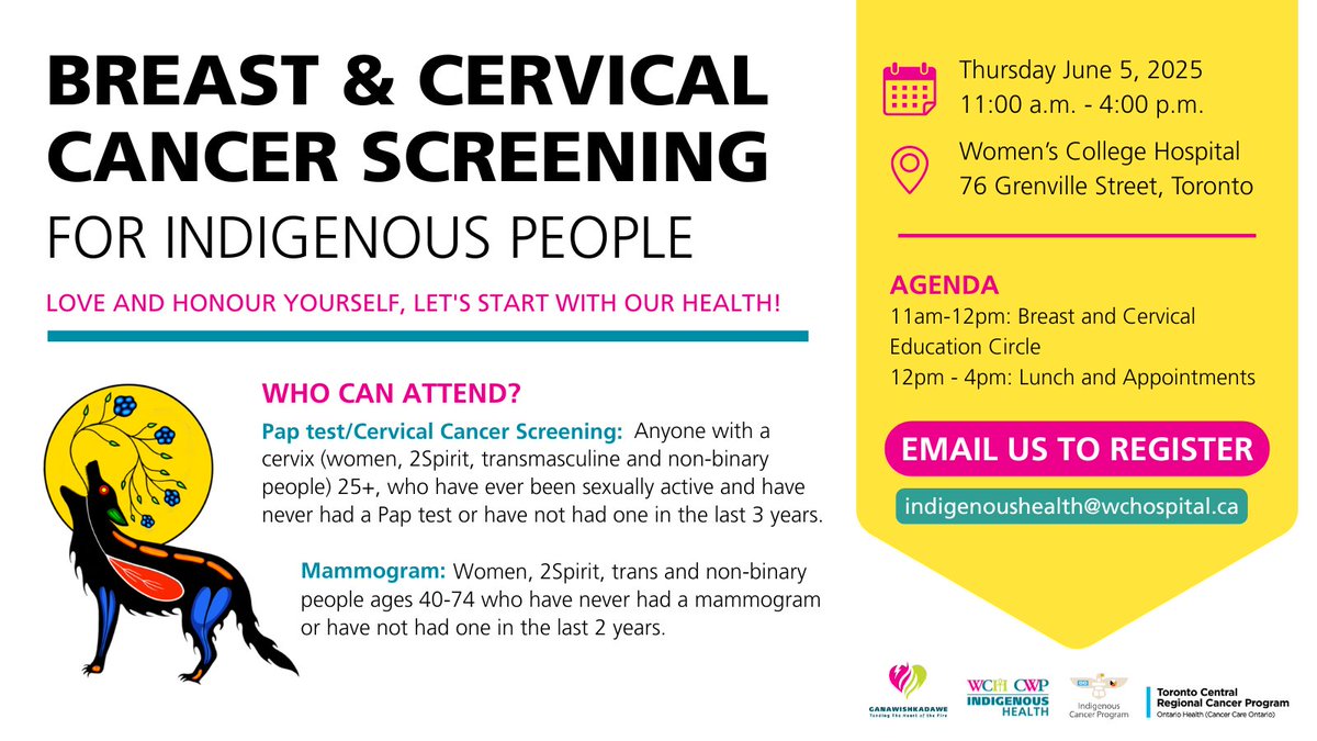 The Centre For Wise Practices ⬌ Indigenous Health (@wchindigenous) on Twitter photo 📣 Spots are still available for our FREE breast & cervical cancer screening for #Indigenous people! Join us for a culturally safe screening experience — no referral needed.
🗓️ June 5
⏰ 11am-4:00pm
📍 <a href="/WCHospital/">Women's College Hospital</a> Labyrinth
📩 Register: indigenoushealth@wchospital.ca! 📣 Spots are still available for our FREE breast & cervical cancer screening for #Indigenous people! Join us for a culturally safe screening experience — no referral needed.
🗓️ June 5
⏰ 11am-4:00pm
📍 <a href="/WCHospital/">Women's College Hospital</a> Labyrinth
📩 Register: indigenoushealth@wchospital.ca!