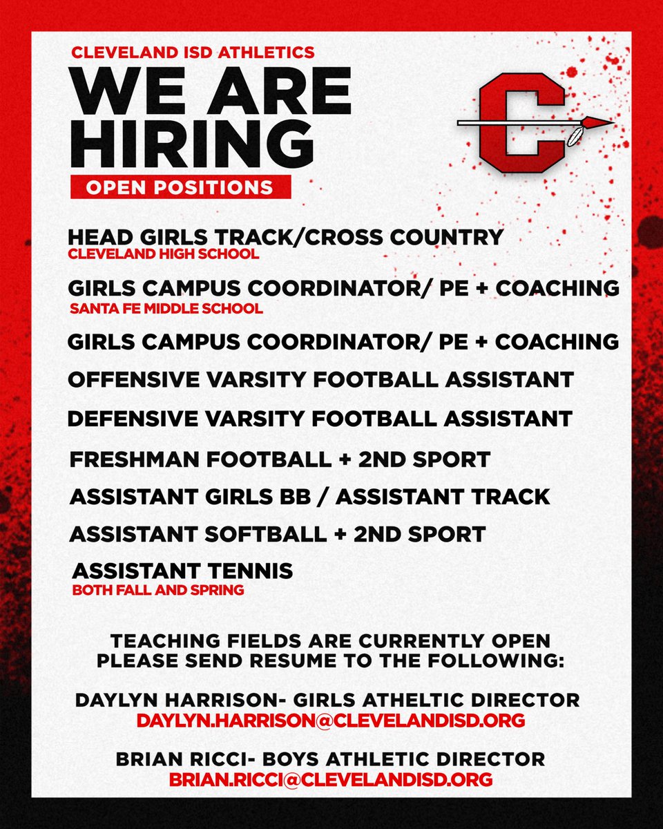 Coach Harrison, M.Ed (@coachharrison__) on Twitter photo Cleveland ISD is hiring! Current starting pay is $63,500 + stipends.
Teaching fields are flexible. Must have CDL or be willing to get one.
Please send your resumes to daylyn.harrison@clevelandisd.org or Brian.ricci@clevelandisd.org. Cleveland ISD is hiring! Current starting pay is $63,500 + stipends.
Teaching fields are flexible. Must have CDL or be willing to get one.
Please send your resumes to daylyn.harrison@clevelandisd.org or Brian.ricci@clevelandisd.org.