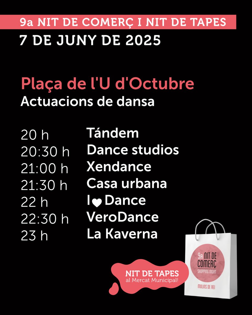 📣La 9a Nit de Comerç i Nit de Tapes s'apropa!

🛍️Nit de compres, tapes, dansa, música en directe.. i totes aquestes activitats per gaudir del comerç local!

📅 Dissabte 7 de juny de 2025
⏰ Des de les 20 h fins a mitjanit

#SomMolinsdeRei
#mdrcentredecomerç