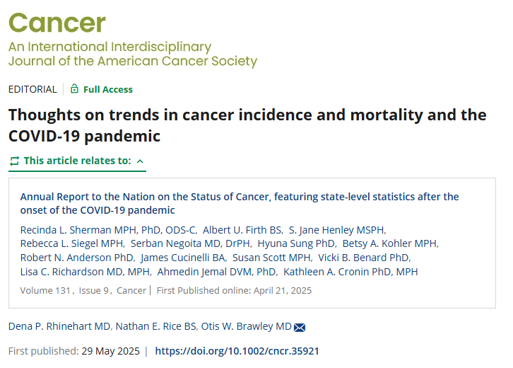 ACS Journal Cancer (@journalcancer) on Twitter photo Published in time for #ASCO25: Thoughts from <a href="/DenaRhinehart/">Dena Rhinehart, MD</a>, Nathan E. Rice, and <a href="/OtisBrawley/">Otis Brawley</a> on trends in cancer incidence and mortality and the COVID-19 pandemic. Accompanies the recent #CancerAnnualReport. acsjournals.onlinelibrary.wiley.com/doi/10.1002/cn… <a href="/OncoAlert/">OncoAlert</a> <a href="/Hopkins_HemOnc/">Johns Hopkins Hematology and Oncology Fellowship</a> <a href="/ACSNews/">ACSNews</a> Published in time for #ASCO25: Thoughts from <a href="/DenaRhinehart/">Dena Rhinehart, MD</a>, Nathan E. Rice, and <a href="/OtisBrawley/">Otis Brawley</a> on trends in cancer incidence and mortality and the COVID-19 pandemic. Accompanies the recent #CancerAnnualReport. acsjournals.onlinelibrary.wiley.com/doi/10.1002/cn… <a href="/OncoAlert/">OncoAlert</a> <a href="/Hopkins_HemOnc/">Johns Hopkins Hematology and Oncology Fellowship</a> <a href="/ACSNews/">ACSNews</a>