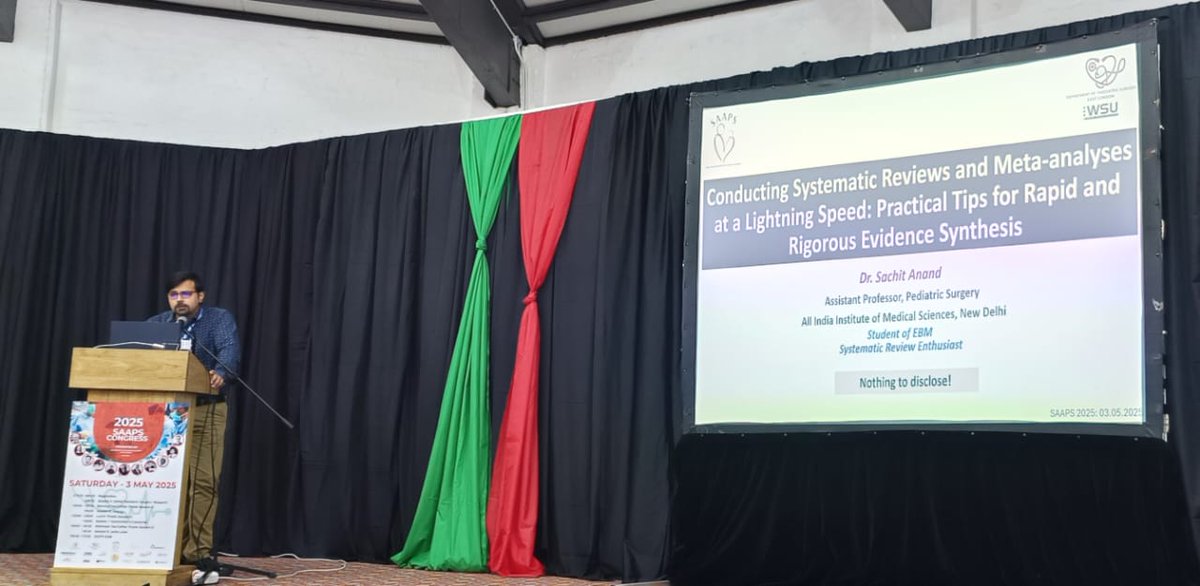 Late to post but still buzzing from #SAAPS2025 in East London! Honored to speak on “Conducting SR-MA at Lightning Speed⚡️” Huge thanks to Prof Milind Chitnis &amp; SAAPS team for an inspiring forum. #PaediatricSurgery #SystematicReviews #Metaanalysis #Evidencebasedmedicine