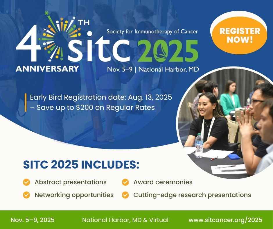 Celebrate 40 years of advancing IO at SITC 2025 held in National Harbor, MD on Nov. 5–9. #SITC25 brings together leaders for unmatched education, scientific exchange &amp; networking with the scientists driving the field. Plan to attend in person or virtually! sitcancer.org/2025/home