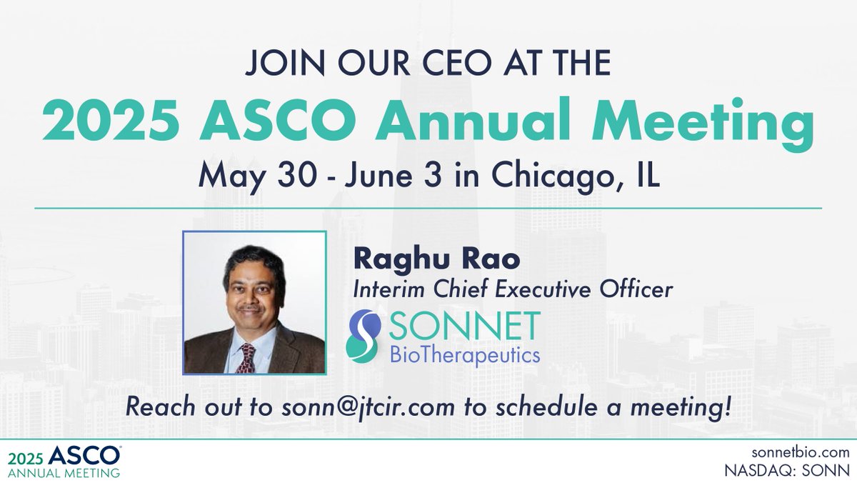 SonnetBio's tweet image. Headed to #ASCO25? So are we.

$SONN CEO Raghu Rao will be in Chicago from May 30 – June 3 for the ASCO Annual Meeting.

Want to connect? Reach out at sonn@jtcir.com

#Oncology #SolidTumors