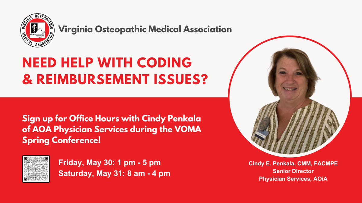 AOA (@aoafordos) on Twitter photo Heading to the VOMA Spring Conference in Williamsburg, May 30–June 1? Don’t miss the chance to connect with Cindy Penkala from AOIA Physician Services. She’ll be holding one-on-one office hours to support your professional needs. Register bit.ly/4kpCAR4
<a href="/AOIA_AOA/">AOIA American Osteopathic Information Association</a> Heading to the VOMA Spring Conference in Williamsburg, May 30–June 1? Don’t miss the chance to connect with Cindy Penkala from AOIA Physician Services. She’ll be holding one-on-one office hours to support your professional needs. Register bit.ly/4kpCAR4
<a href="/AOIA_AOA/">AOIA American Osteopathic Information Association</a>