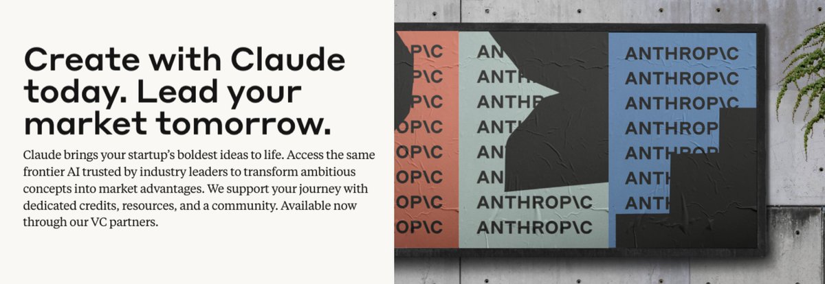 jozhukennedy's tweet photo. Excited to announce Anthropic for Startups!

At our developer conference last week, Code with Claude, @DarioAmodei predicted that we'll see the first billion-dollar business started by a single person as soon as 2026.

This has created a new reality for startups: your first round of funding is no longer allocated towards hiring engineers, but more effectively allocated towards distribution, branding, GTM, and inference.

@AnthropicAI, we have a front view seat of this new breed of AI-native builders who go from $0 to  $1M+ ARR in weeks. 

Recognizing this paradigm shift, we want to give you more fuel as you build through:
⚡Free API credits 
🛠️ Priority rate limits 
👾 Exclusive community events 
🤖 Early access to new API features

Technical execution used to be the moat. Now anyone can build software quickly. 

The question isn't "What will you build?"

It's "Why haven't you built it already?"

Can't wait to see what you create on Claude👇