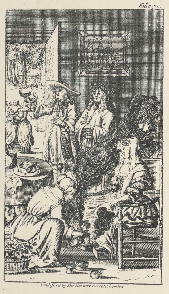 1682 depiction of the practice of "womb fumigation" from "The Ten Pleasures of Marriage and the Second Part the Confession of the Married Couple".