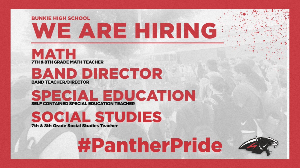 Bunkie High School (@bunkie_high) on Twitter photo š£ We're Hiring at Bunkie High! š£
We're looking for passionate, dedicated educators to join our team. Apply today!
š© Questions? Contact Principal Chuck Normand at chnormand@avoyellespsb.com
#PantherPride š£ We're Hiring at Bunkie High! š£
We're looking for passionate, dedicated educators to join our team. Apply today!
š© Questions? Contact Principal Chuck Normand at chnormand@avoyellespsb.com
#PantherPride