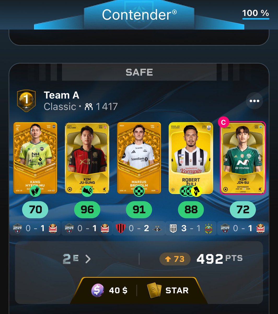 pepich0u's tweet photo. @QTNSorare Dommage donc pour ma 1ere win qui n’aura donc pas lieu. C’était à pile ou face entre Jin-Su et Ju-Sung pour le capitanat. GG à toi ! https://t.co/m9xzabmGF7