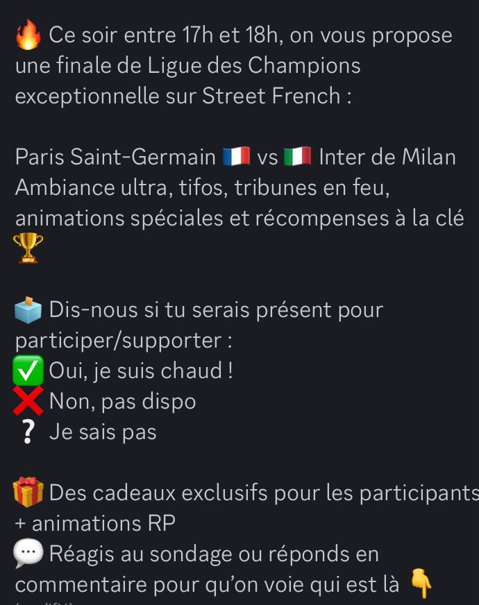 Street_Frenchh's tweet photo. Annonce

On vous attend nombreux entre 17h et 18h pour la finale : Paris Saint-Germain face à l’Inter de Milan, sur Street French

Announcement

We look forward to seeing you there between 5 p.m. and 6 p.m. for the final: Paris Saint-Germain against Inter Milan, on Street French https://t.co/IUT2ofJzAv