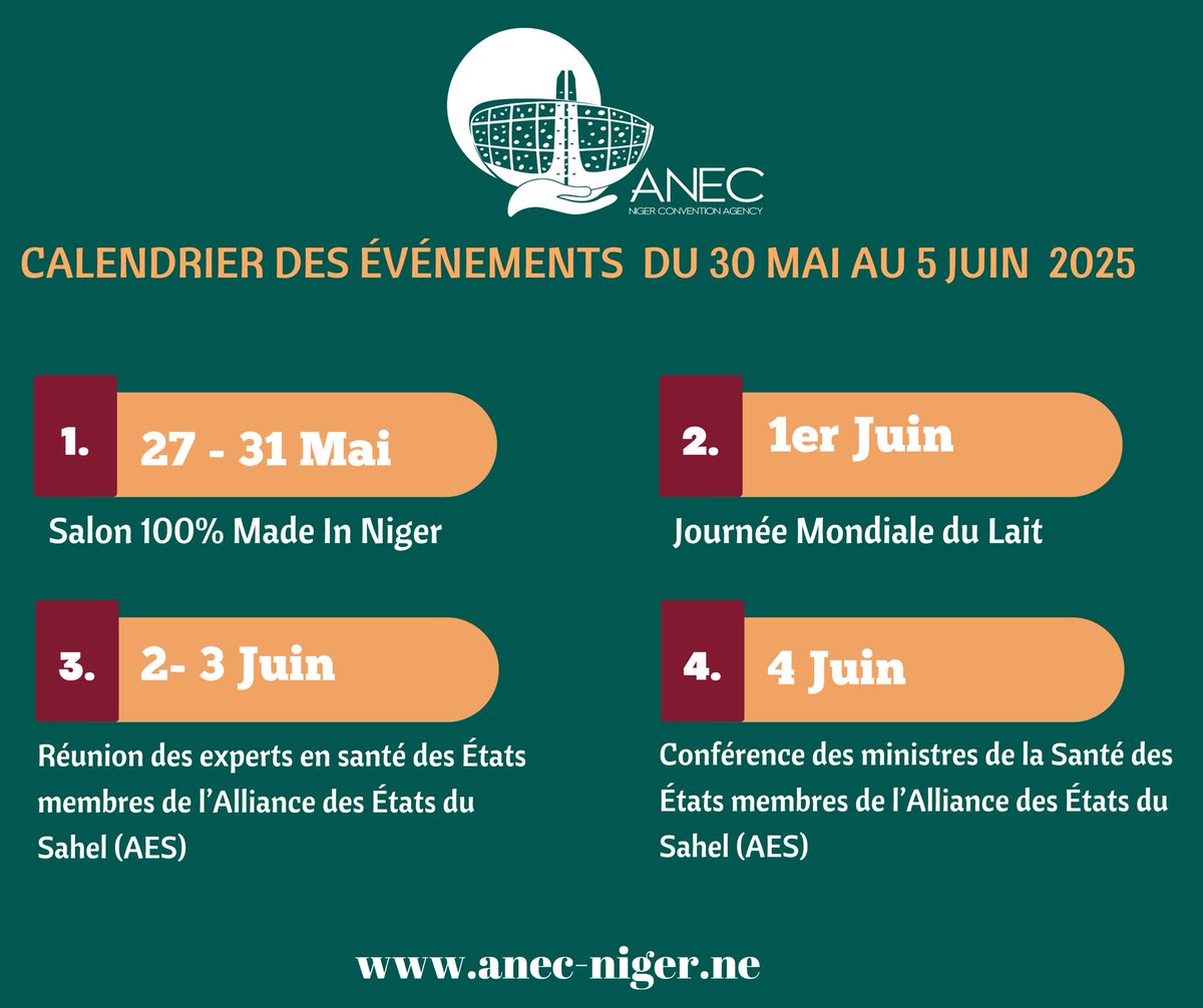 Calendrier des événements à #Niamey, pour la semaine du 30 Mai  au 5 Juin 2025.
#destinationniger 
#Niger