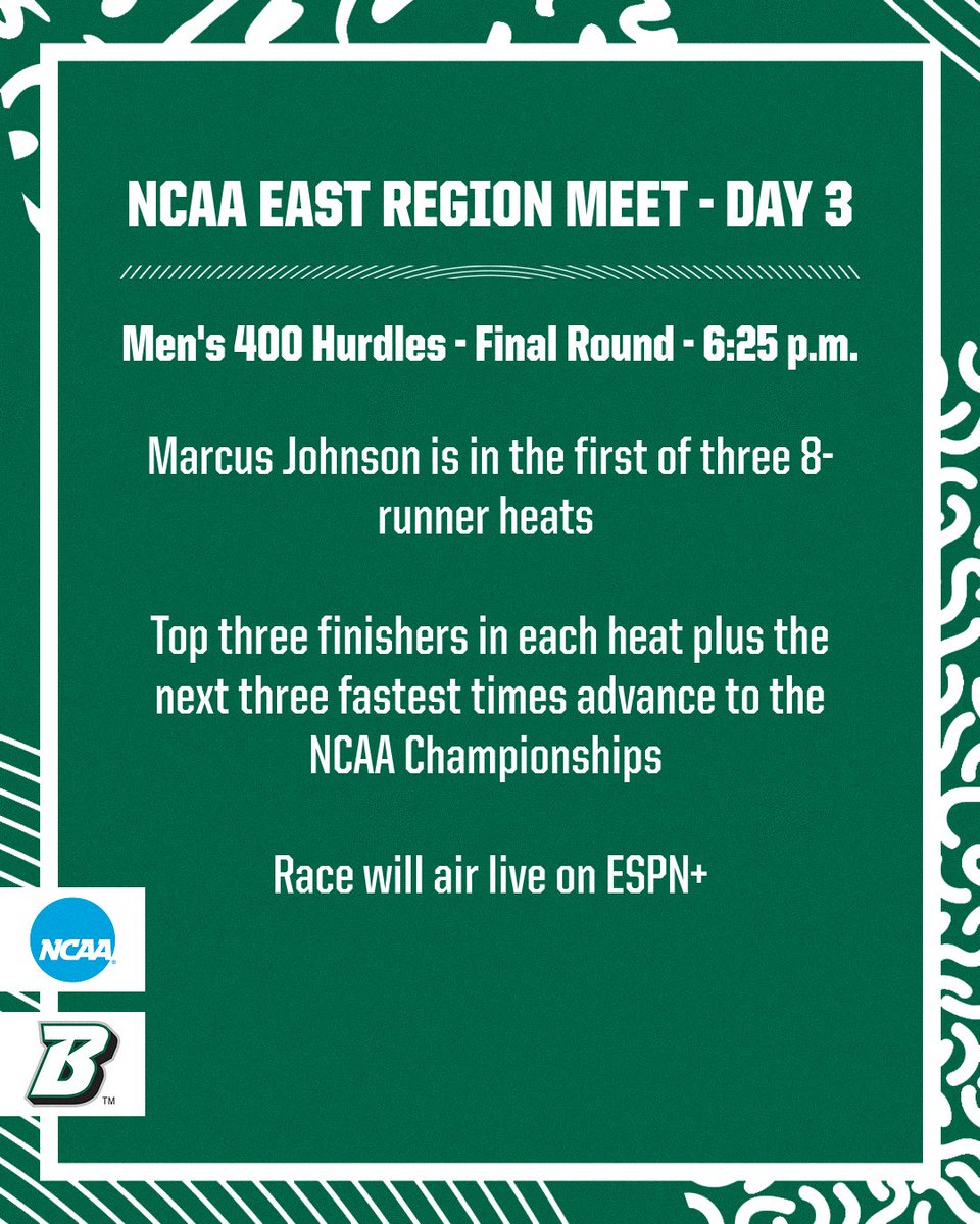 Good luck Marcus!

🆚 NCAA East Region Meet
📍Jacksonville, Fla.
🏟️Jax Track at Hodges Stadium
⏰6:25 p.m. EST
📊tinyurl.com/msj3y8uv
📺tinyurl.com/3c4mussk

#ONEBinghamton #AETF