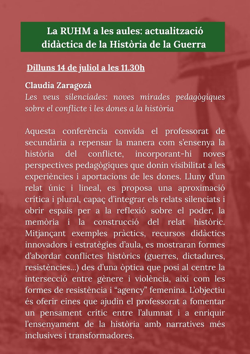 RUHM (@ruhm_online) on Twitter photo <a href="/BorjaAntela/">Borja Antela</a> Seguim amb la presentació de la segona sessió del curs de la RUHM!
💬 <a href="/claudia_vinaros/">Clàudia Zaragozà</a> ens convida a repensar la didàctica de la història del conflicte des d’una perspectiva crítica, posant el focus en el gènere, la violència, i la resistència i l'agència femenina 👇 <a href="/BorjaAntela/">Borja Antela</a> Seguim amb la presentació de la segona sessió del curs de la RUHM!
💬 <a href="/claudia_vinaros/">Clàudia Zaragozà</a> ens convida a repensar la didàctica de la història del conflicte des d’una perspectiva crítica, posant el focus en el gènere, la violència, i la resistència i l'agència femenina 👇