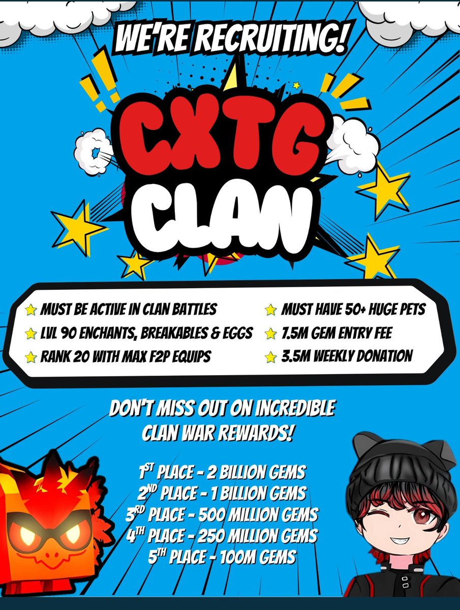 🔴 Recruiting new members to our CXTG clan 🔴

✨ For applying Dm me or make an application ticket on our discord server ✨

Our discord server link 🔗: discord.gg/UfKXhHBcNQ

Reposts ♻️ are appreciated for support 🙂
#PetSimulator99 #petsim #ROBLOX #CXTGCLAN