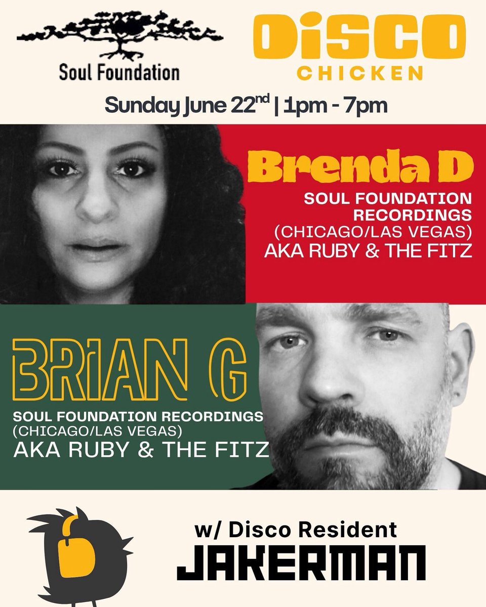 Just announced!!! 
#DISCOCHICKEN 
Rockford IL
Sunday June 22nd | 1pm - 7pm
Feat:
Soul Foundation’s
Brenda D &amp; Brian G
Aka #RubyandTheFitz 
(CHICAGO/LAS VEGAS)
w/ Disco Resident
JAKERMAN
#underground #housemusic