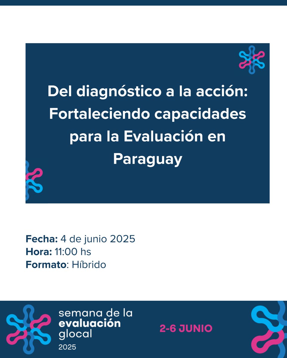 PNUD Paraguay (@pnudparaguay) on Twitter photo Estamos encantados de formar parte de la Semana de Evaluación Glocal 2025, organizada por <a href="/GEI_GlobalEval/">Global Evaluation Initiative</a> 🎉
Del 2 al 6 de junio, #glocal2025 contará con cientos de eventos de intercambio de conocimientos en todo el mundo. Y PNUD 🇵🇾 es el anfitrión de este encuentro👇 Estamos encantados de formar parte de la Semana de Evaluación Glocal 2025, organizada por <a href="/GEI_GlobalEval/">Global Evaluation Initiative</a> 🎉
Del 2 al 6 de junio, #glocal2025 contará con cientos de eventos de intercambio de conocimientos en todo el mundo. Y PNUD 🇵🇾 es el anfitrión de este encuentro👇