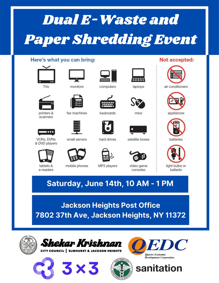Join us at our next paper shredding event on Saturday, June 14th from 10-1 pm at the Jackson Heights Post Office! We'll also have an e-waste recycling truck there for any computers or devices you need to safely dispose of!