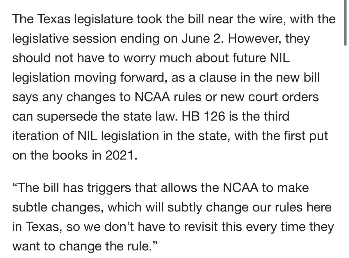 Texas’ pending NIL bill that allows schools to pay NIL compensation to college athletes will now go into effect immediately if/when signed by the governor.

The bill also has a unique provision that ties Texas law to future governing body rule changes or court orders on NIL.