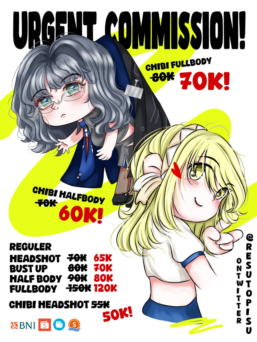 ❗URGENT COMMISSION❗

Halo teman²
Karena sangat membutuhkan uang, aku membuka urgent komis dgn harga di bawah ini yah. 
Untuk ketentuan dan sample lainya bisa dicek di resutopisuu.carrd.co

Rt/like/share sangat diapresiasi 💓
#wts #opencommission  #zonanuang #zonajajan