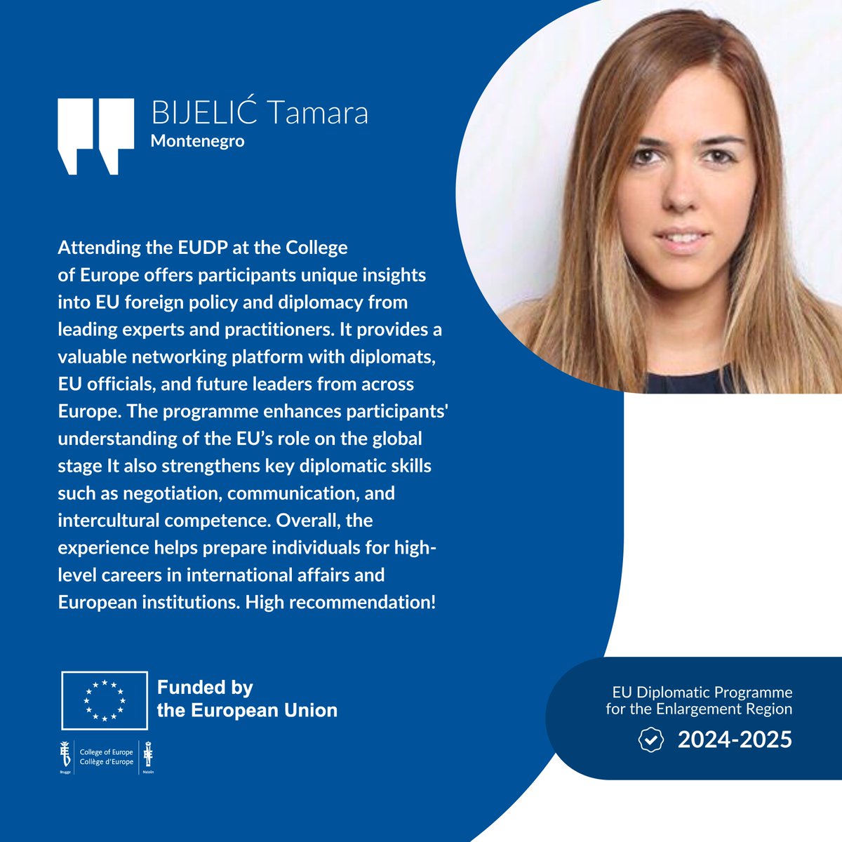 College of Europe (@collegeofeurope) on Twitter photo 🤔What’s it like to join the EU Diplomatic Programme for the Enlargement Region?
Just ask Arjana, Jovana, Laura Vanesa & Tamara – four participants from the first edition at the College of Europe!
⏳Curious? Apply by 15 June: shorturl.at/U0sAN
Funded by <a href="/eu_enlargement_/">EU Enlargement & Eastern Neighbourhood 🇪🇺</a> 🤔What’s it like to join the EU Diplomatic Programme for the Enlargement Region?
Just ask Arjana, Jovana, Laura Vanesa & Tamara – four participants from the first edition at the College of Europe!
⏳Curious? Apply by 15 June: shorturl.at/U0sAN
Funded by <a href="/eu_enlargement_/">EU Enlargement & Eastern Neighbourhood 🇪🇺</a>