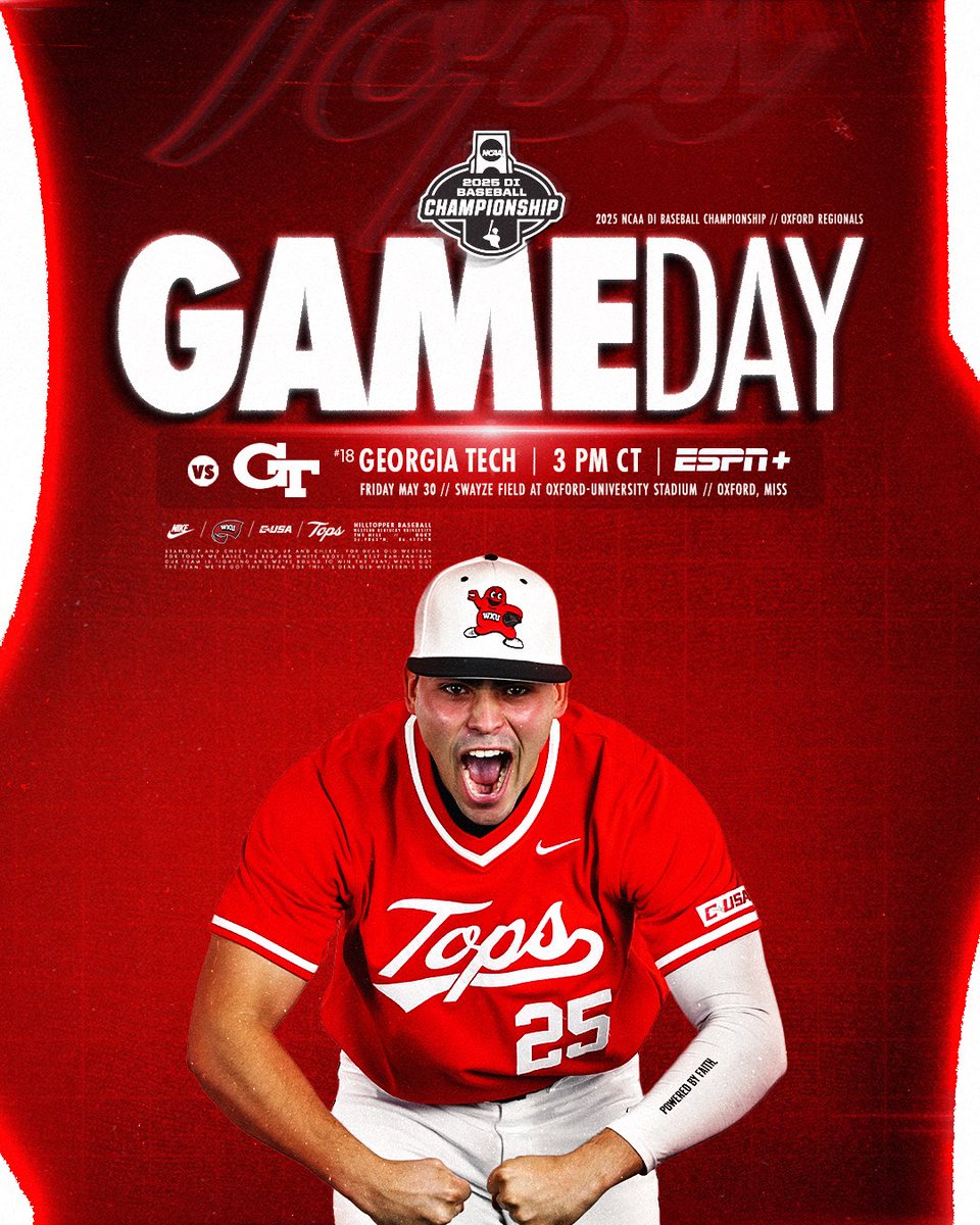 Regional Ready 💪

🏆 NCAA Oxford Regional
⌚️ 3 PM CT
🏟️ Oxford-University Stadium
📺 bit.ly/43nPWId (ESPN+)
🎙️ goto.ps/WKUBaseVN
📊 bit.ly/43Ulm92

#GoTops | #Team106