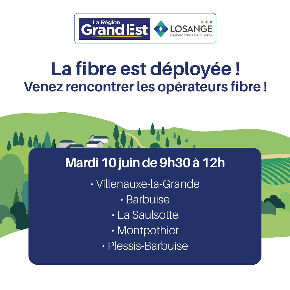 LosangeFibre's tweet photo. [PERMANENCE OPÉRATEURS] 🚀 Passez à la vitesse supérieure à Villenauxe-la-Grande et alentours avec la #fibre optique !

Une permanence opérateurs se tiendra :
🗓 Mardi 10 juin de 9h30 à 12h
Salle des Fêtes
1 rue des Abattoirs à Villenauxe-la-Grande https://t.co/4KpHOYaJzX