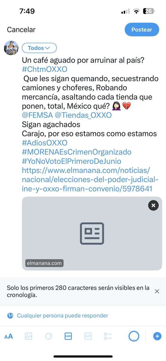 No me deja postear esto 😓
#AdiosOXXO 
Un café aguado por arruinar al país? #ChtmOXXO 
#YoNoVotoElPrimeroDeJunio
elmanana.com/noticias/nacio…