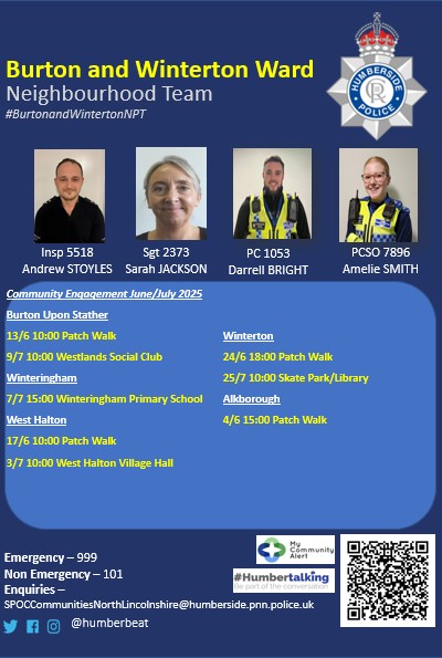 #BurtonandWintertonNPT

Please come along to our engagement dates in June/July to raise any concerns/issues. Your information is important to what we do as we can't solve a problem we don't know about! Hope to see you there