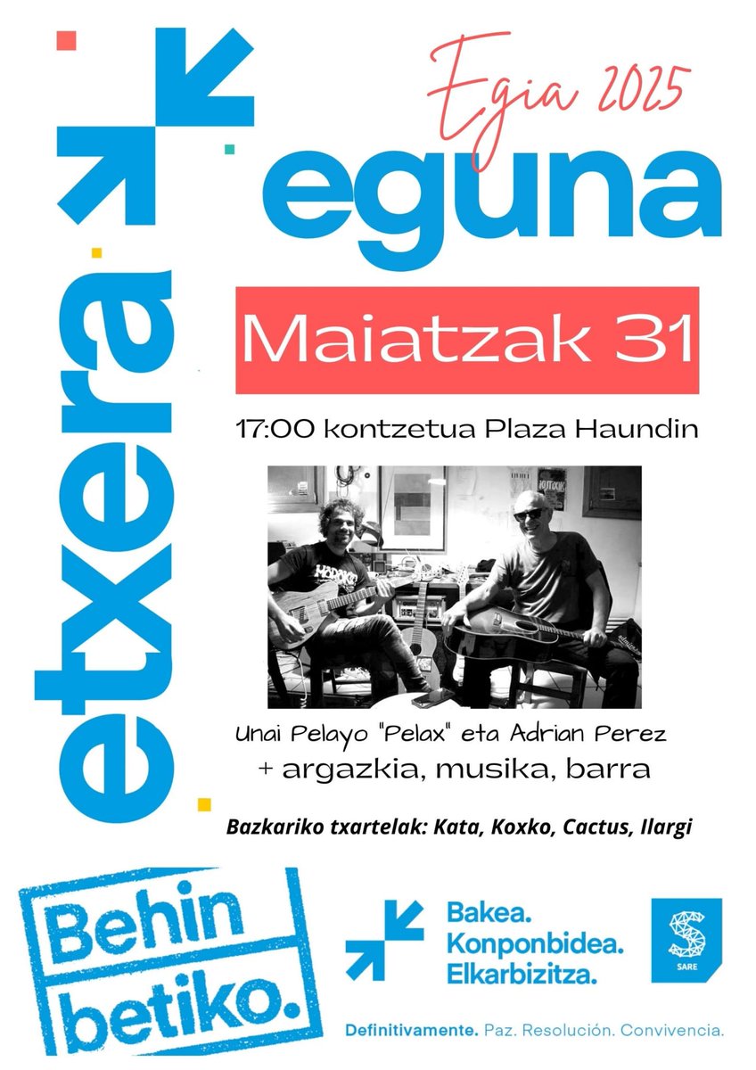 Asteburuko deialdiak:

📌Gaur, azken ostirala ‼️
19:30 plaza berrian

📌 Bihar,M31 
ETXERA EGUNA EGIAN
12:30 agerraldi argazkia 
+ bazkaria + kantaldia

#behinbetiko #etxera