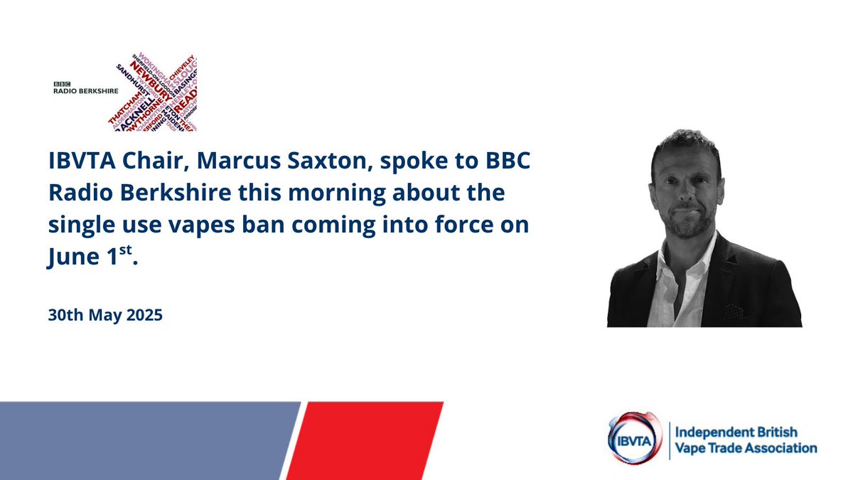 TheIBVTA's tweet image. 📻 🎙️ IBVTA, offering the credible voice of the independent vape sector to media.
Our Chair, Marcus Saxton, spoke to BBC Radio Berkshire earlier on the single use ban, the need to educate consumers to #recycle their used #vapes, and ensuring smokers and vapers have access the…