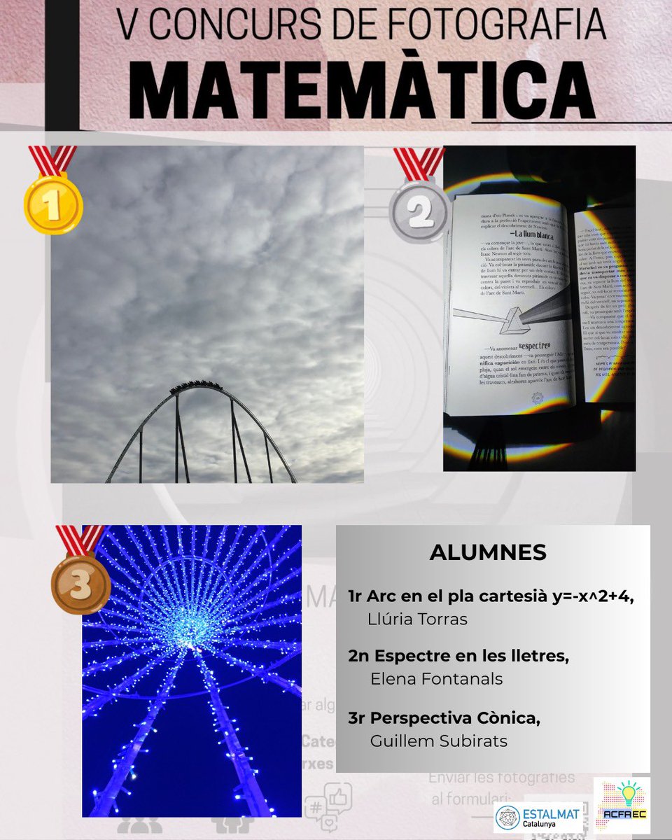 ACFAEC (@acfaec_cat) on Twitter photo Un concurs en el que van tenir una gran participació
1r premi <a href="/codelearn_cat/">Codelearn</a>, llibre <a href="/e_x_plorium/">eXplorium</a>, tassa i boli <a href="/soccatmat/">Societat Catalana de Matemàtiques</a>
2n premi calculadora <a href="/CASIOedu/">CASIO Educación España</a>, llibre <a href="/e_x_plorium/">eXplorium</a>, samarreta <a href="/FME_UPC/">Facultat de Matemàtiques i Estadística - UPC</a> , boli <a href="/soccatmat/">Societat Catalana de Matemàtiques</a>
3r samarreta carpeta i llapis <a href="/FME_UPC/">Facultat de Matemàtiques i Estadística - UPC</a> , llibre <a href="/e_x_plorium/">eXplorium</a> Un concurs en el que van tenir una gran participació
1r premi <a href="/codelearn_cat/">Codelearn</a>, llibre <a href="/e_x_plorium/">eXplorium</a>, tassa i boli <a href="/soccatmat/">Societat Catalana de Matemàtiques</a>
2n premi calculadora <a href="/CASIOedu/">CASIO Educación España</a>, llibre <a href="/e_x_plorium/">eXplorium</a>, samarreta <a href="/FME_UPC/">Facultat de Matemàtiques i Estadística - UPC</a> , boli <a href="/soccatmat/">Societat Catalana de Matemàtiques</a>
3r samarreta carpeta i llapis <a href="/FME_UPC/">Facultat de Matemàtiques i Estadística - UPC</a> , llibre <a href="/e_x_plorium/">eXplorium</a>
