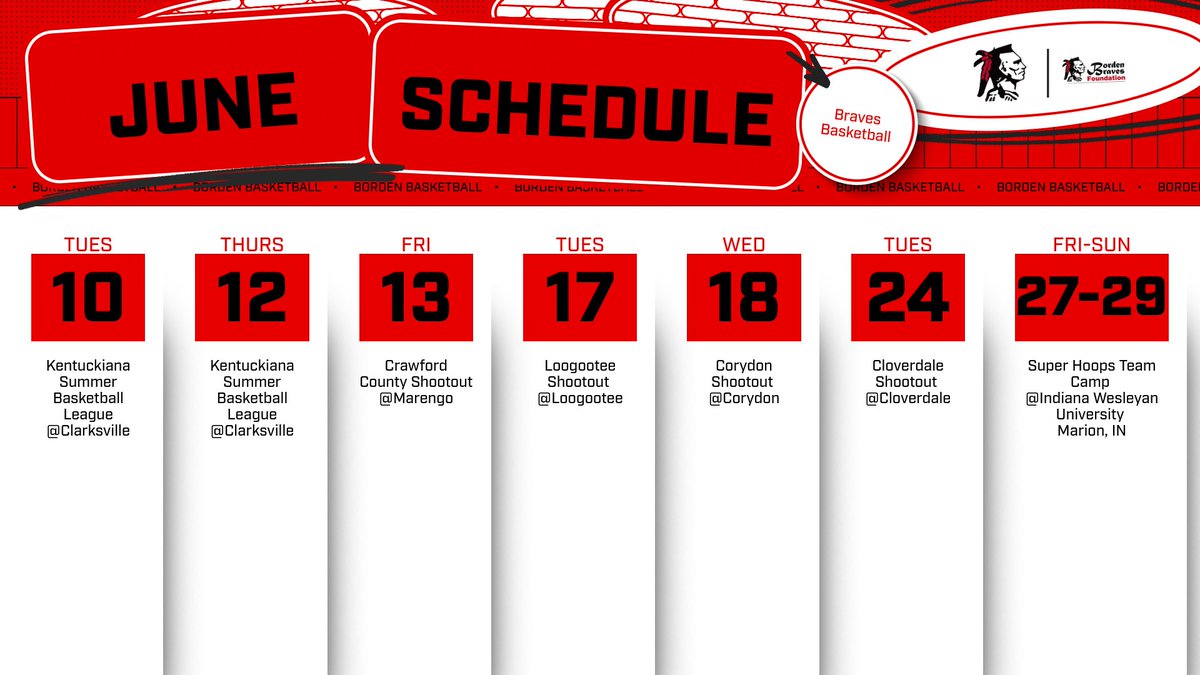 Summer basketball in June is just around the corner! Check out our schedule and catch your Braves in action. Game times are TBD and will be released when we get them.
#BravesBasketball
<a href="/bordenathletics/">Borden Athletics</a>
<a href="/joshcookNT/">Josh Cook</a>