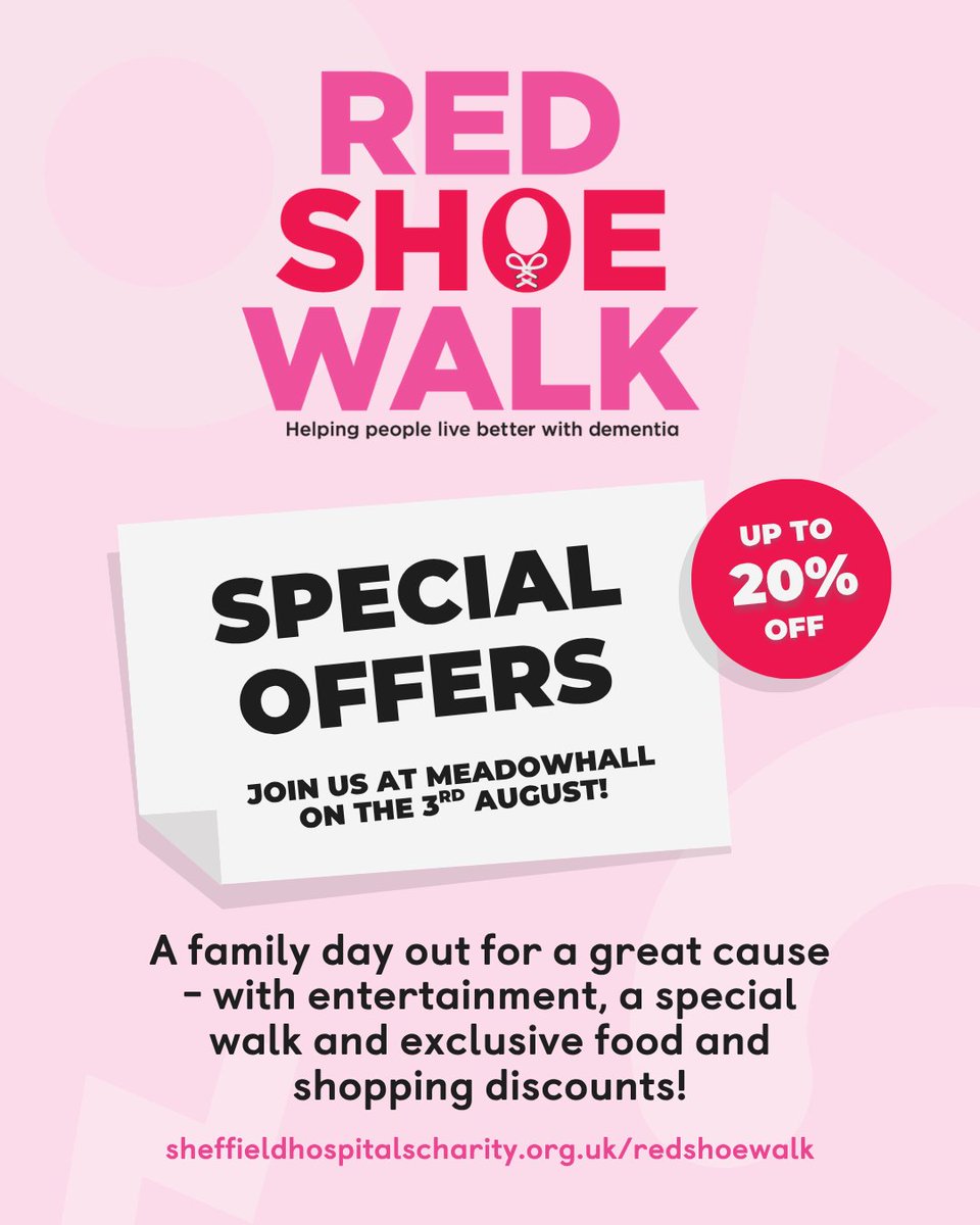 Sheffield Hospitals Charity (@shcfundraising) on Twitter photo Join us for a fantastic family day out on Sunday 3rd August at Meadowhall for The Red Shoe Walk - entertainment, exclusive discounts across a range of shops, and raising money to help people live better with dementia.
Sign up now: sheffieldhospitalscharity.org.uk/get-involved/e…
#RedShoeWalk #Sheffield Join us for a fantastic family day out on Sunday 3rd August at Meadowhall for The Red Shoe Walk - entertainment, exclusive discounts across a range of shops, and raising money to help people live better with dementia.
Sign up now: sheffieldhospitalscharity.org.uk/get-involved/e…
#RedShoeWalk #Sheffield