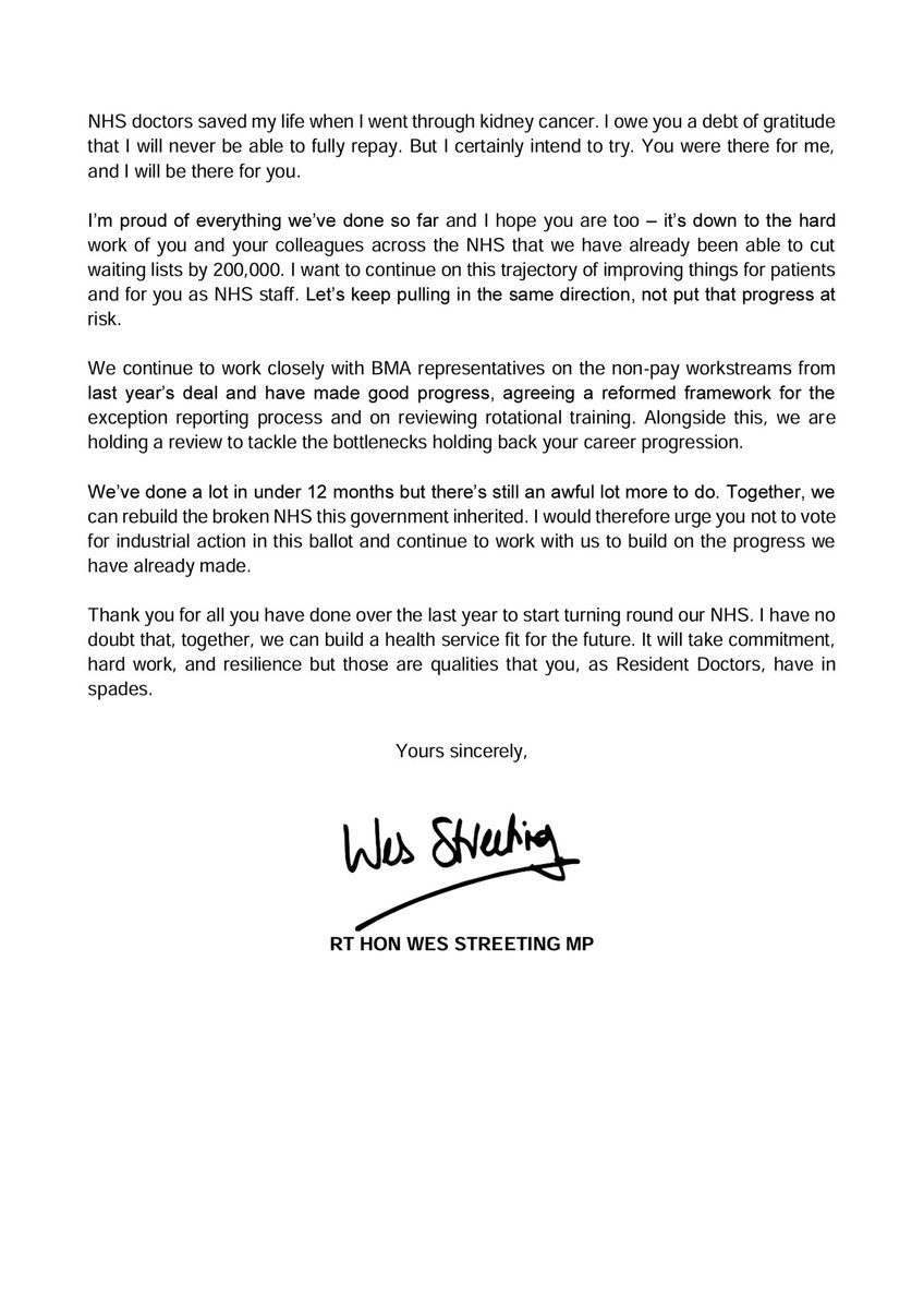 I’m proud of everything we’ve done together so far.

It’s down to the hard work of you and your colleagues that we've already cut NHS waiting lists by 200,000

Let’s keep pulling in the same direction, not put that progress at risk.

My letter to resident doctors 👇