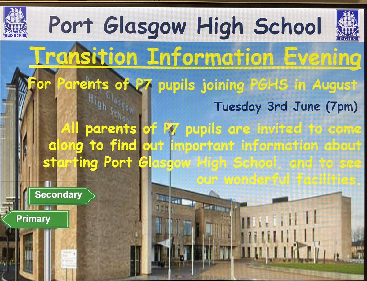 Just a wee reminder for the parents of P7 pupils, due to transfer to PGHS in August … our Information Evening is this Tuesday- looking forward to meeting you all then 👍