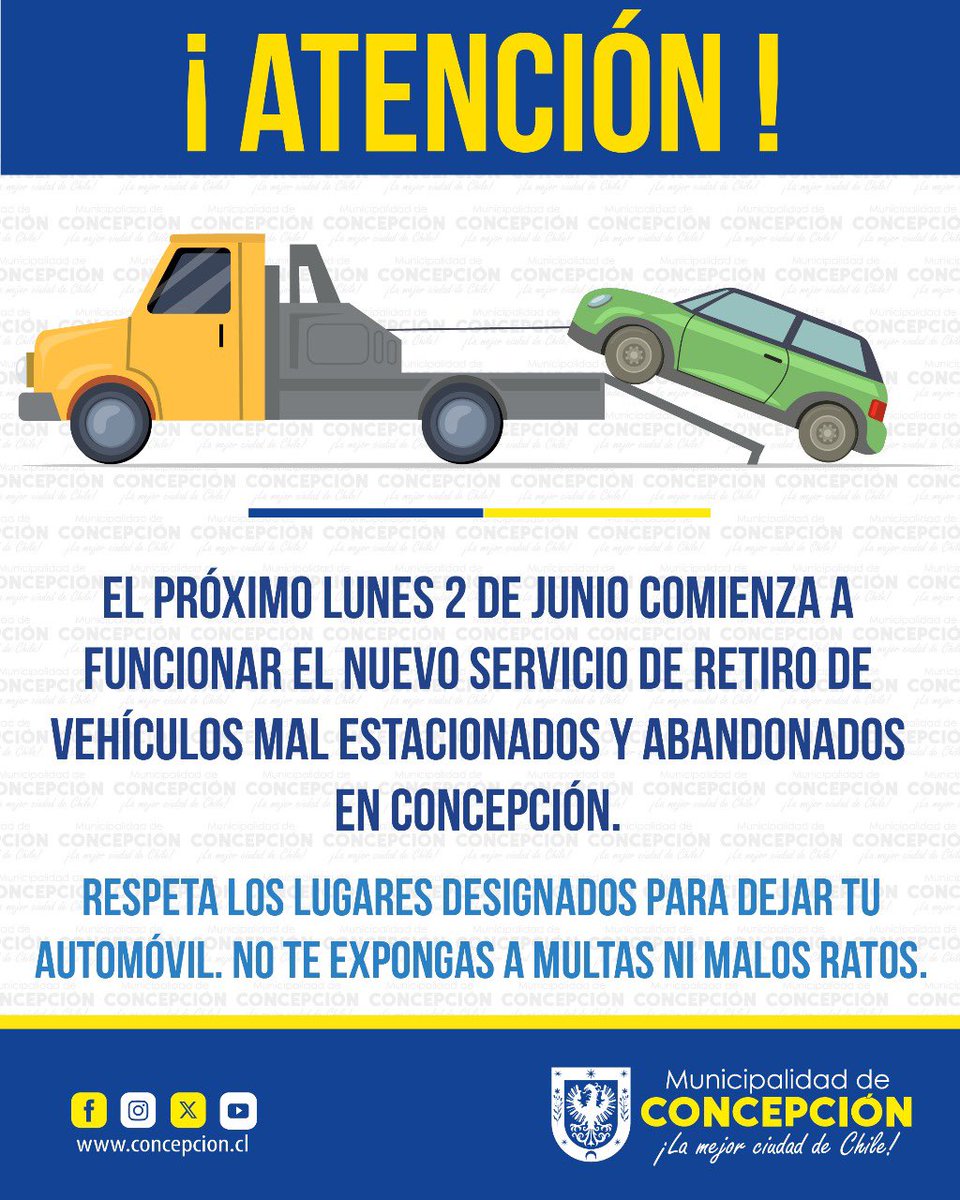⚠️ | 𝐀𝐓𝐄𝐍𝐂𝐈𝐎́𝐍

🚗El próximo lunes 2 de junio comienza a funcionar el nuevo servicio de retiro de vehículos abandonados y mal estacionados en #Concepción, iniciativa que incluye nuevas grúas 24/7 y que busca entregar mayor ordenamiento y evitar incivilidades en la comuna.