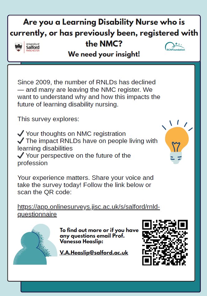 Learning Disability Wales (@ldwales) on Twitter photo Are you a Learning Disability Nurse who is, or has previously been, registered with the Nursing and Midwifery Council (NMC)?
If so, <a href="/HeaslipVanessa/">Professor Vanessa Heaslip</a> from <a href="/SalfordUni/">University of Salford</a> would appreciate your feedback through her survey below:
app.onlinesurveys.jisc.ac.uk/s/salford/rnld…
#LearningDisability Are you a Learning Disability Nurse who is, or has previously been, registered with the Nursing and Midwifery Council (NMC)?
If so, <a href="/HeaslipVanessa/">Professor Vanessa Heaslip</a> from <a href="/SalfordUni/">University of Salford</a> would appreciate your feedback through her survey below:
app.onlinesurveys.jisc.ac.uk/s/salford/rnld…
#LearningDisability