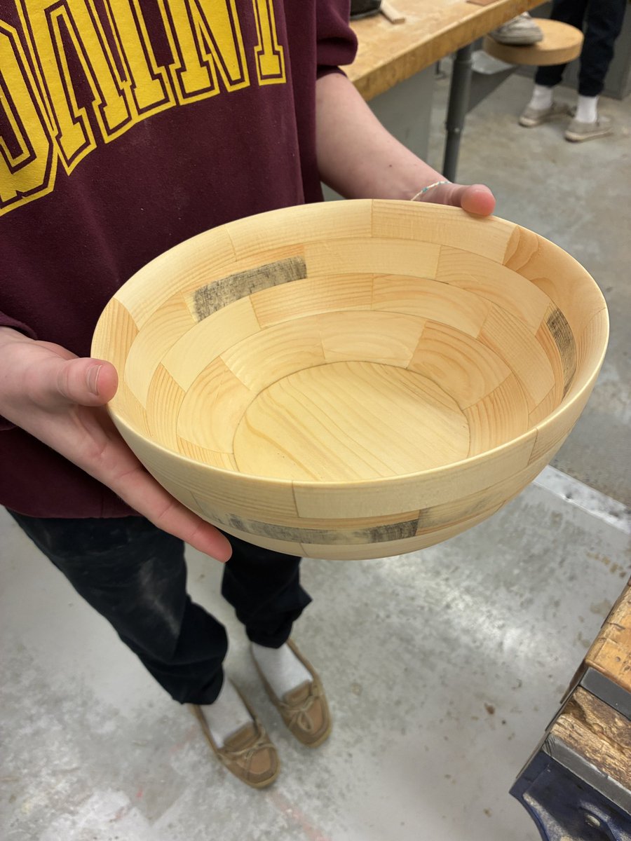 First of our <a href="/StPeterCSS/">St. Peter's C.S.S.</a> grade 11 #woodworking students on the #lathe making segmented bowls and they look awesome! #woodturning