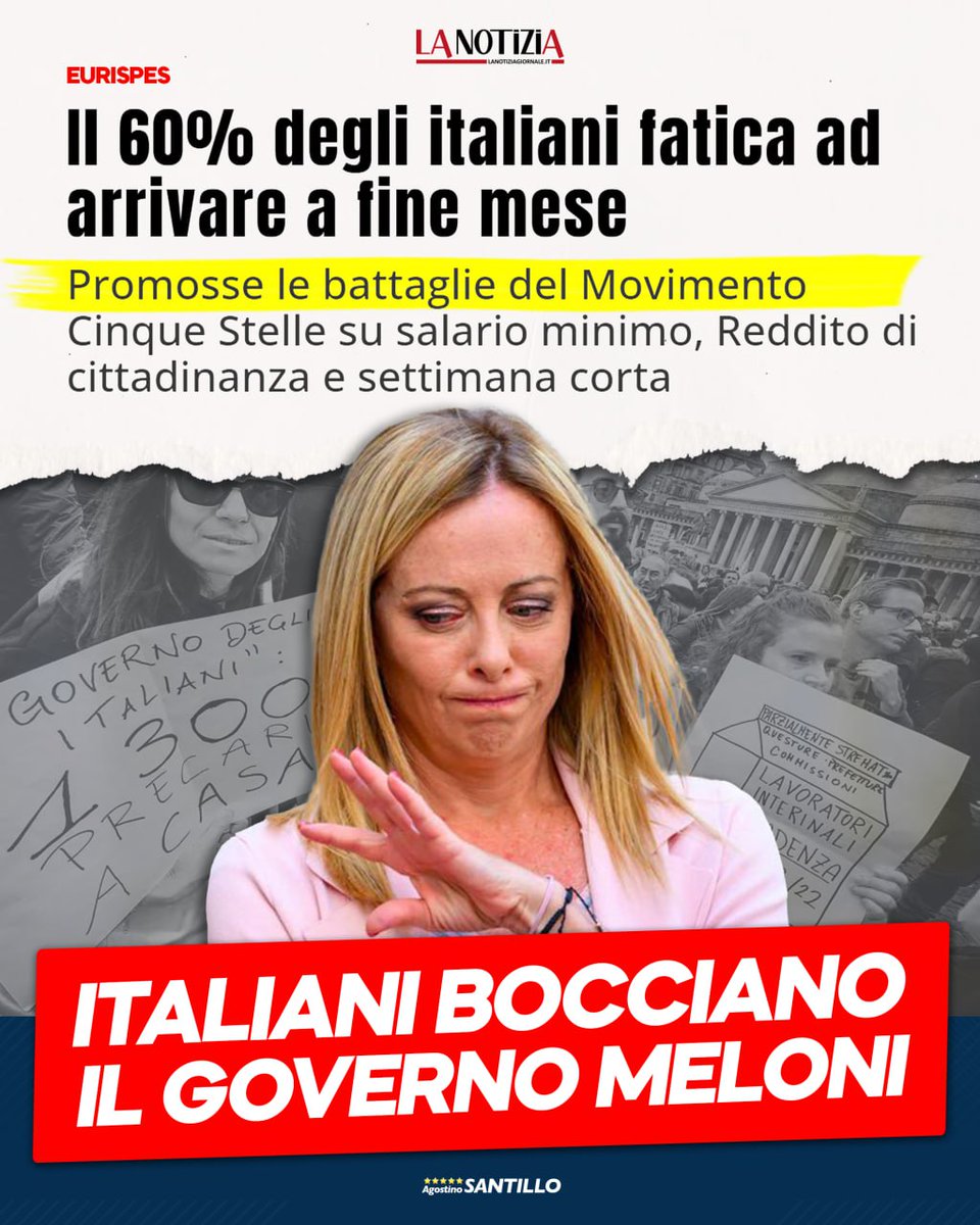 Dati #Eurispes smascherano il fallimento del governo. Gli italiani bocciano politiche antisociali e classiste portate avanti da questa destra incapace. #Meloni si dia una mossa cambi rotta iniziando proprio dal #salariominimo. Basta propaganda sui social gli italiani lo reclamano