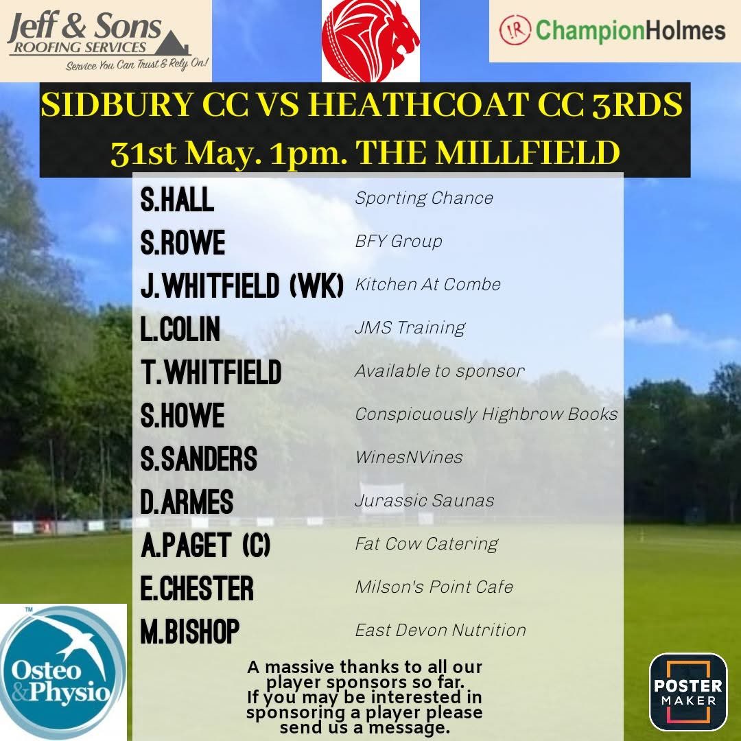 Sidbury CC (@sidburycc) on Twitter photo Home again tomorrow and hopefully/no doubt, another quintessential cricket tea, and we welcome <a href="/HEATHCOATCC/">Heathcoat CC</a> plus anyone else wanting to support , below is the #sidburylions team 🏏👍 Home again tomorrow and hopefully/no doubt, another quintessential cricket tea, and we welcome <a href="/HEATHCOATCC/">Heathcoat CC</a> plus anyone else wanting to support , below is the #sidburylions team 🏏👍