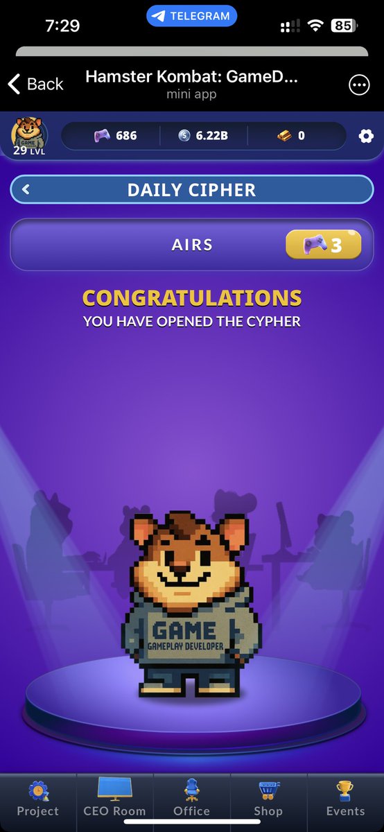 govindcreates's tweet image. 🐹 Hamster Kombat Gamedev
Daily Cipher 
30 May 2025

Code : AIRS

Swipe left for code.

#hamsterkombat #dailycipher #Crypto