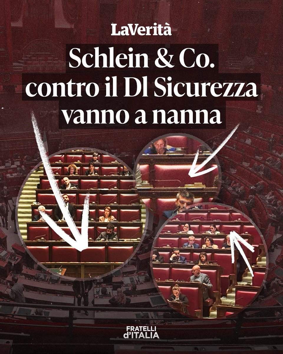 FratellidItalia's tweet photo. A sinistra sono talmente preoccupati per la “deriva autoritaria” del DL Sicurezza… che hanno preferito andare a dormire piuttosto che restare in Parlamento. 

Fate bei sogni. Agli italiani ci pensiamo noi. https://t.co/g8XFZ1basg